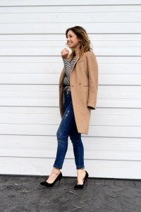 french style basics, striped top, distressed skinny jeans, camel coat, black pumps, ombre hair, fashion blog, the august diaries8